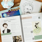 sample lesson page from a lesson about Johann Strauss II in music education curriculum titled "Conversations with Composers"